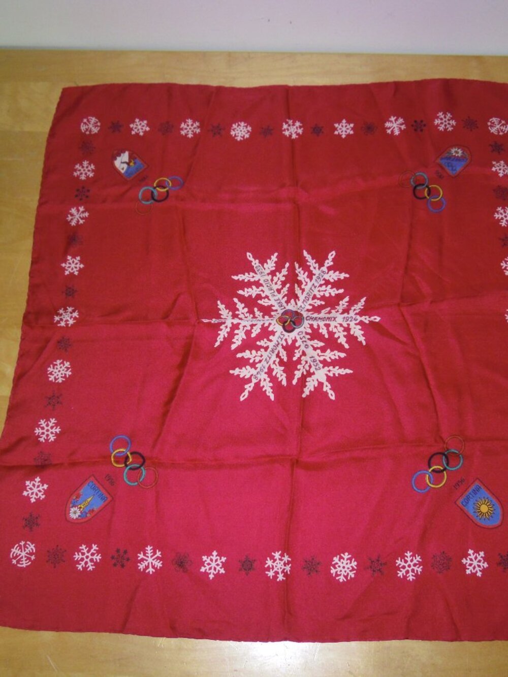 Vintage Red 1956 Souvenir Winter Olympics Cortina Italy Silk Scarf Snowflake